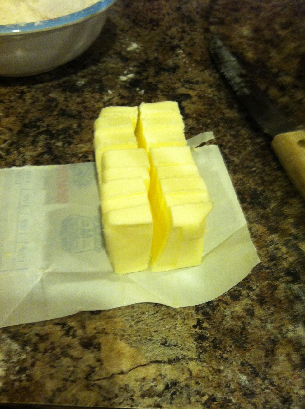 Add 1/4 cup unsalted butter, chilled and cubed.