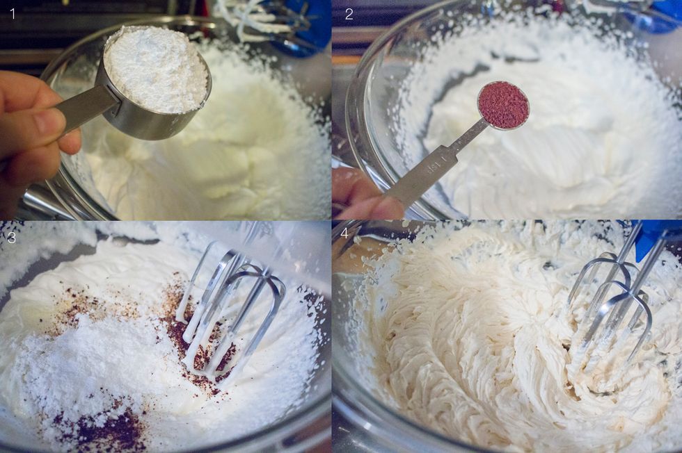 Add 1.5 cups of icing sugar, 1.5 tsp of instant coffee granules and beat together. Our mocha cream filling is now done!