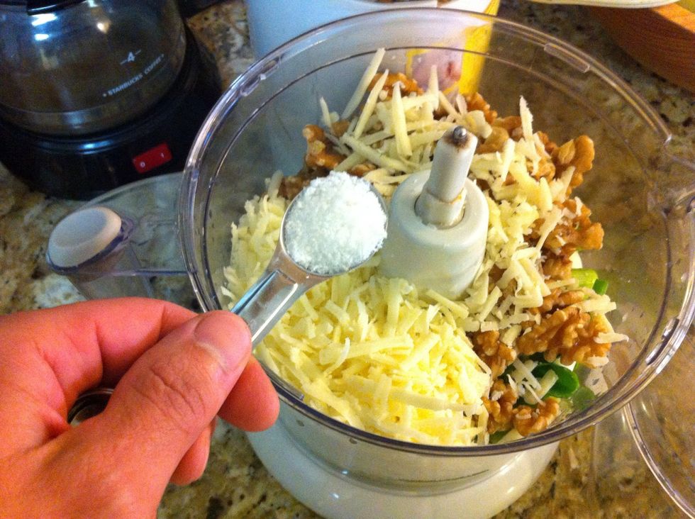 Add ~1 cup fresh-grated Parmesan cheese. We usually go a bit over because we love cheese. You can also use a good Romano cheese if you don't have access to Parm, but Parm is best. Add salt & pepper.