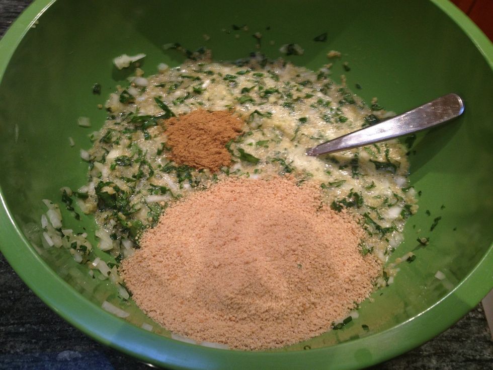 Add 1 cup of whole grain bread crumbs, 1 teaspoon baking powder and 1 teaspoon cumin.