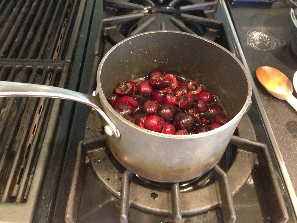 Add 1 lb pitted cherries and simmer for 5-7 minutes.
