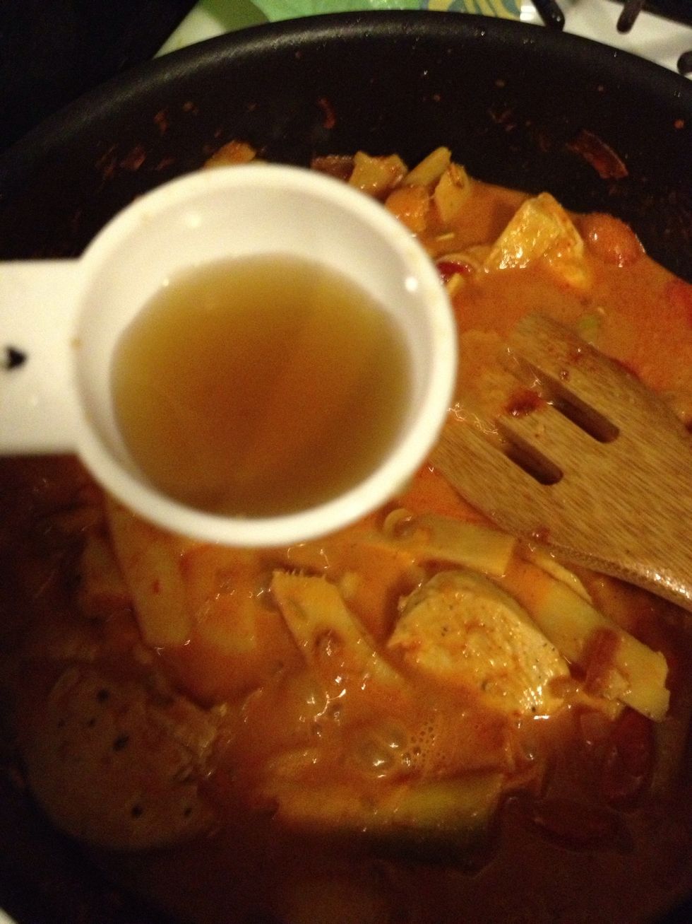 Add 1 or 2 spoons of fish sauce. When it done, taste the curry to see if you need more fish sauce. Adjust the amount of fish sauce. Cover the lid and cook for 5 minutes adjusting to small heat.