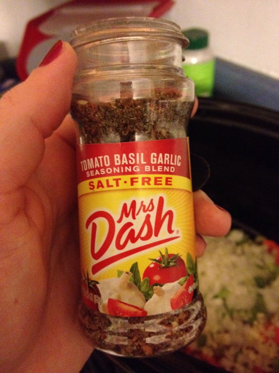 Add 1 package dry onion soup mix, 1/2 tsp dried thyme, 2 tsp dried basil (didn't have so used tomato basil Mrs. Dash), and 1/4 tsp each of salt and pepper.