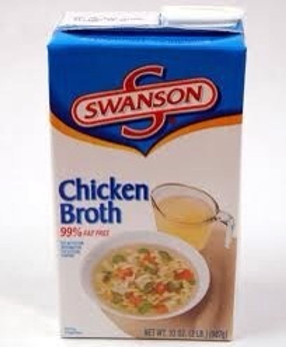 Add 1 quart of chicken broth, & the potatoes, turn up the heat to a boil.