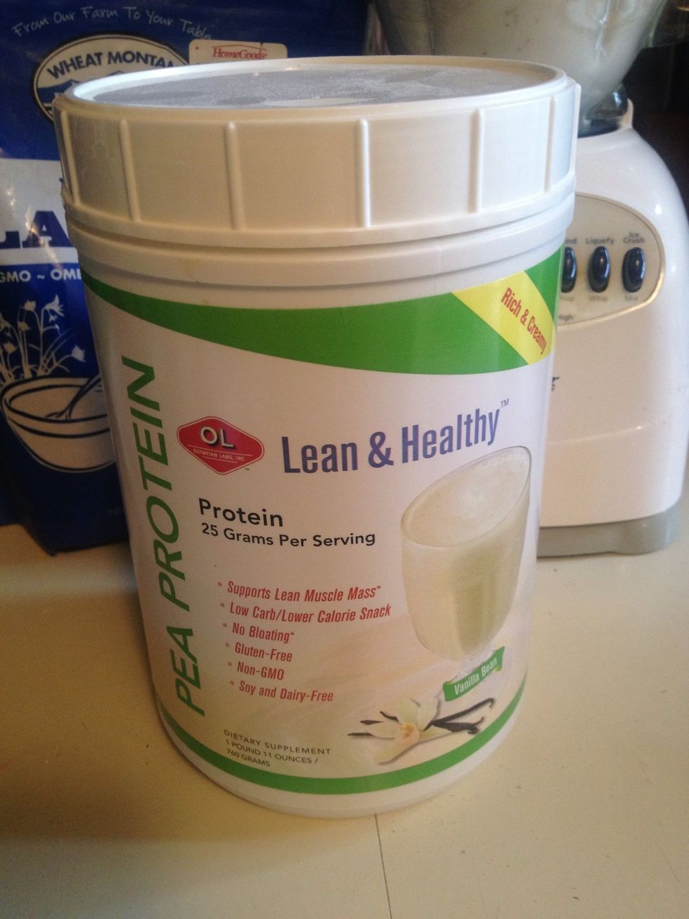 Add 1 scoop of protein powder (I use 1.5 scoops). Add more if you want a thicker shake. I have pea protein but it tastes about the same as soy or whey protein powder.