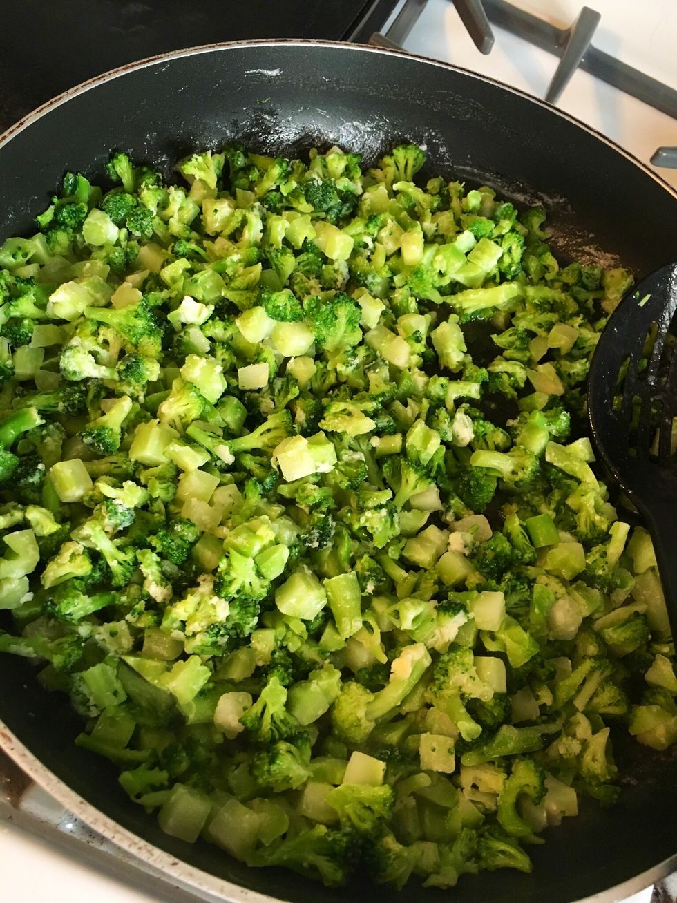 Add 1 stick of butter to a pan on high then add frozen broccoli