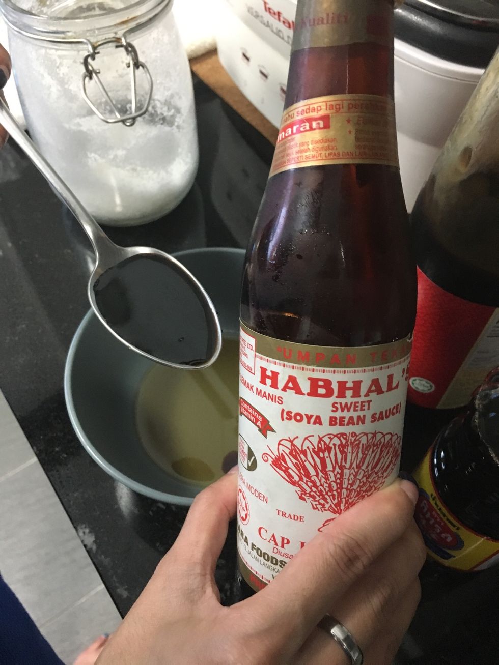 Add 1 table spoon of sweet (Soya bean) sauce.