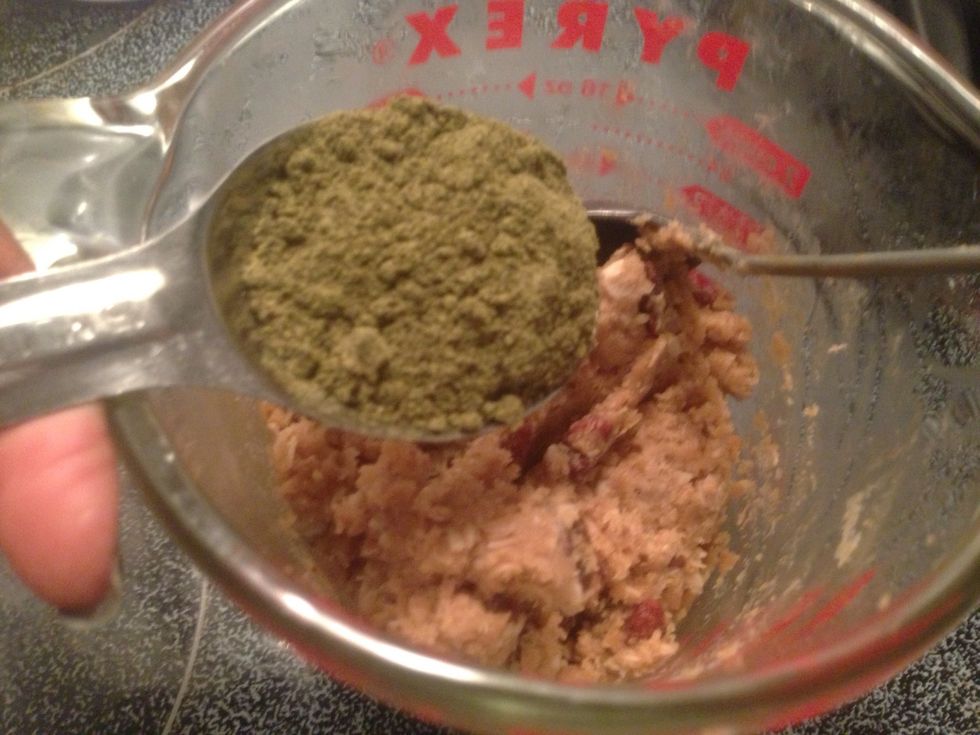 Add 1 tablespoon of hemp protein powder to mixture. Stir together all ingredients well.