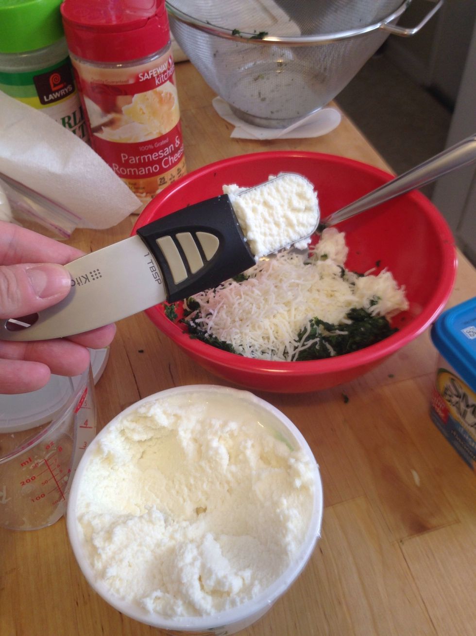 Add 1 tbsp of cream cheese to the spinach bowl. I used the non fat version.