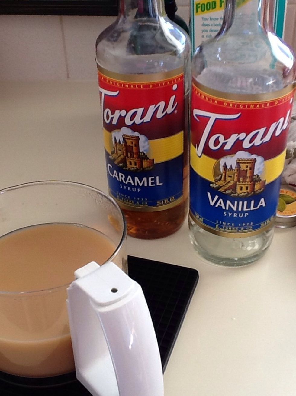 Add 1 teaspoon of both Carmel and vanilla syrup. The Carmel is optional, but it adds a bit of a sweeter taste.