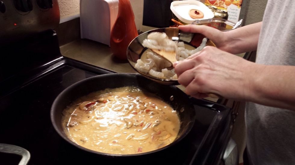 Add 1 teaspoon of brown sugar. Next add your cleaned raw shrimp. Cook until pink but not overdone.