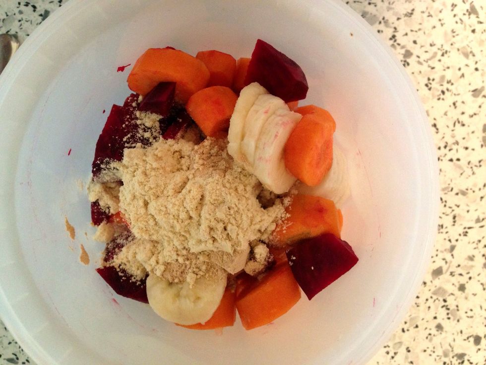 Add 1 teaspoon of vanilla protein powder. You do not need to add this. I just like it in there ;)