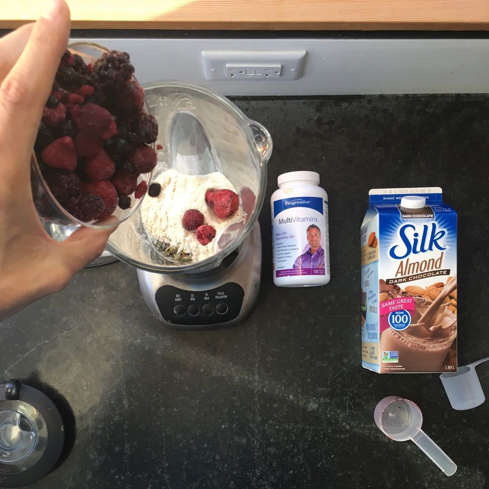 Add 1 to 1 1/2 cups of frozen fruit. If you want to use fresh fruit them leave some room for ice cubes to make the shake thicker and colder.