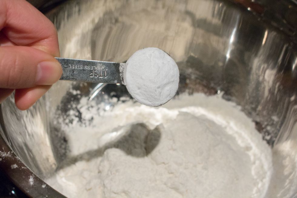 Add 1 tsp baking soda to the flour bowl.