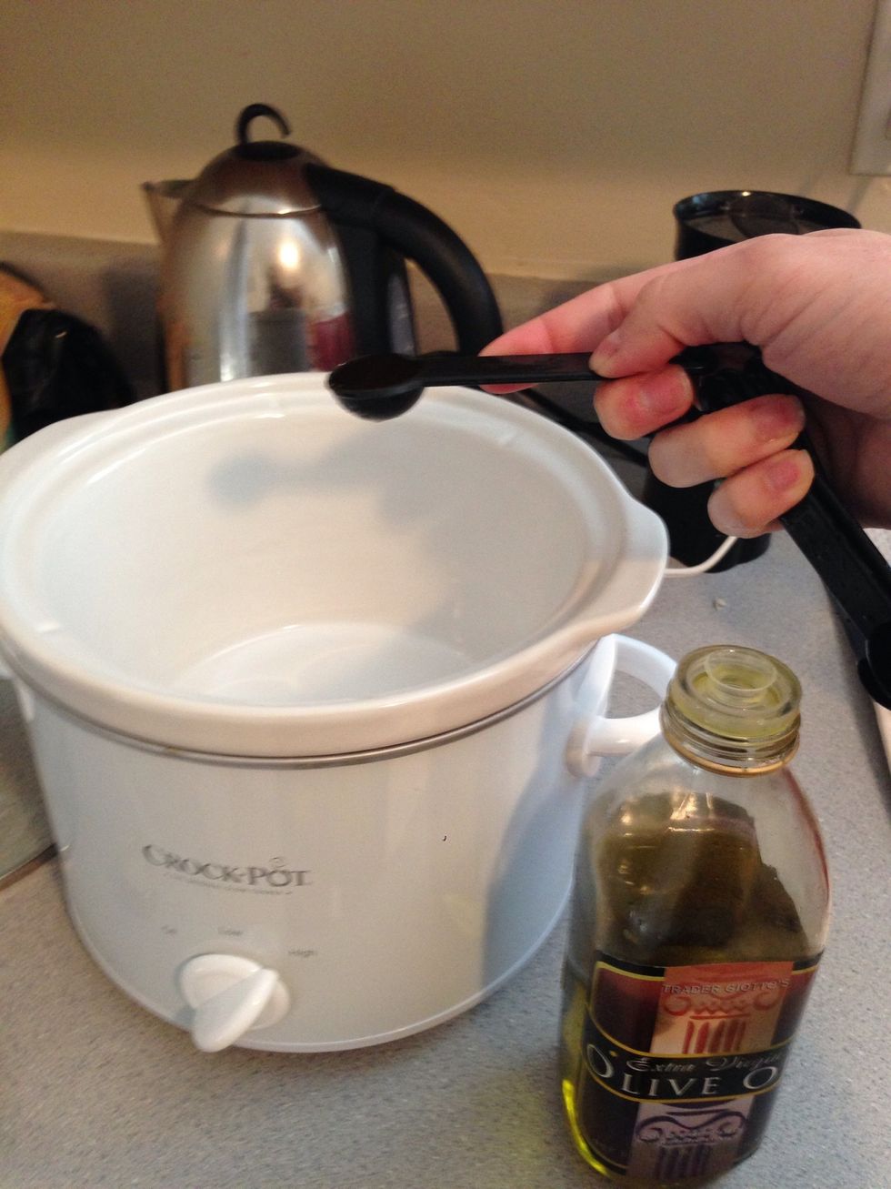 Add 1 tsp of oil to the crock pot and start the crock pot. High takes around 5 hrs, medium around 8 hrs, and low around 12 hrs.