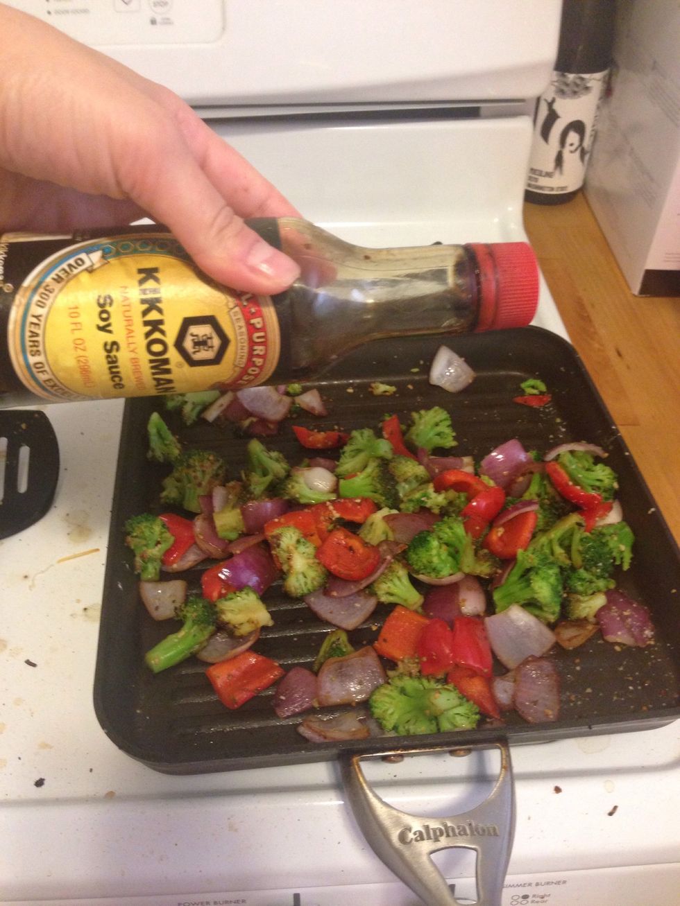 Add 1 tsp of soy sauce to the veggies and cook for about 5 minutes or veggies are finished. You want them to have a good consistency.