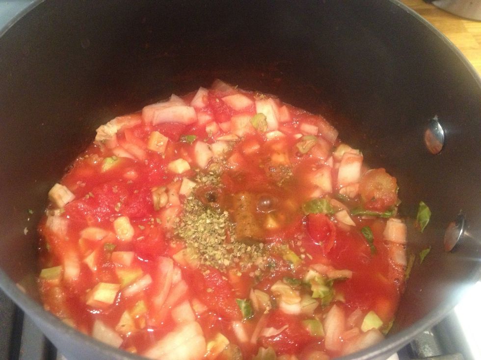 Add 1 tsp oregano, ground black pepper, a crushed clove of garlic and 1 tbsp of balsamic vinegar