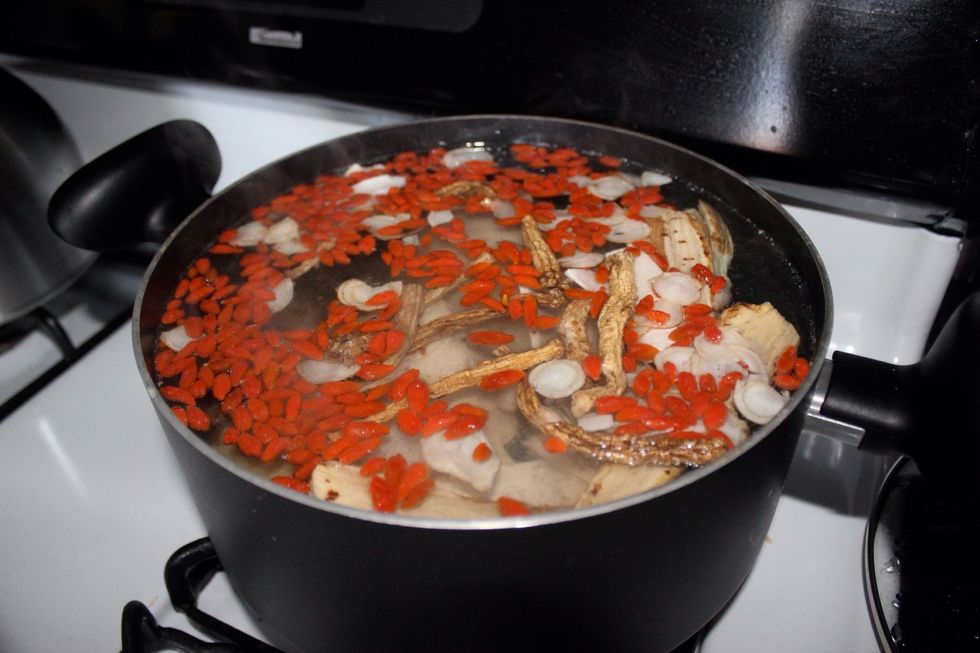 Add 12 bowl of water, add the chicken and all the ingredient and use super low heat and stew for at least 2 hours or longer.
