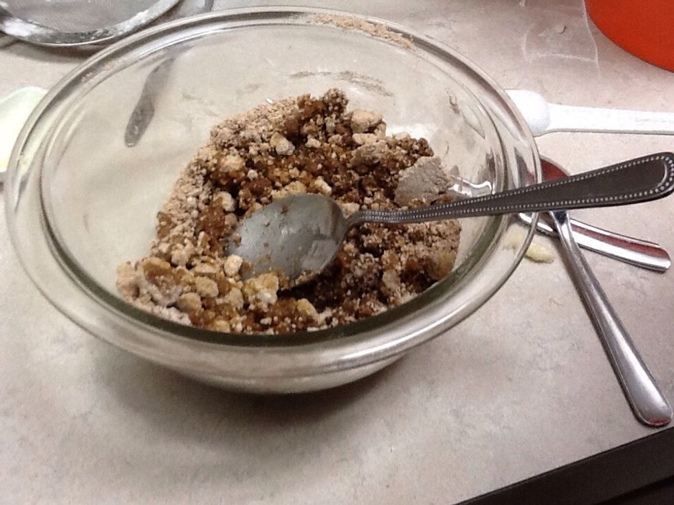 Add 125 mL of brown sugar (packed) and 30 mL of flour.Add 10 mL of cinnamon and 30 mL of melted butter all in a small bowl