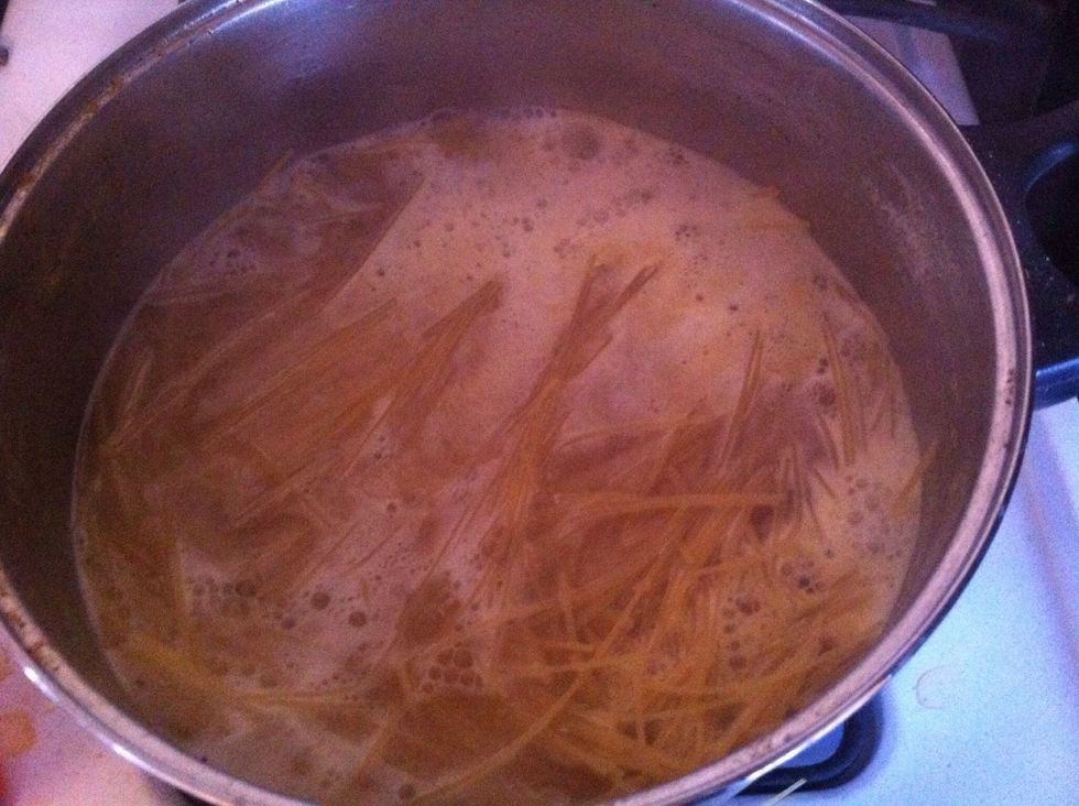 Add 16 oz vermicelli to broth pot cook noodle until almost done