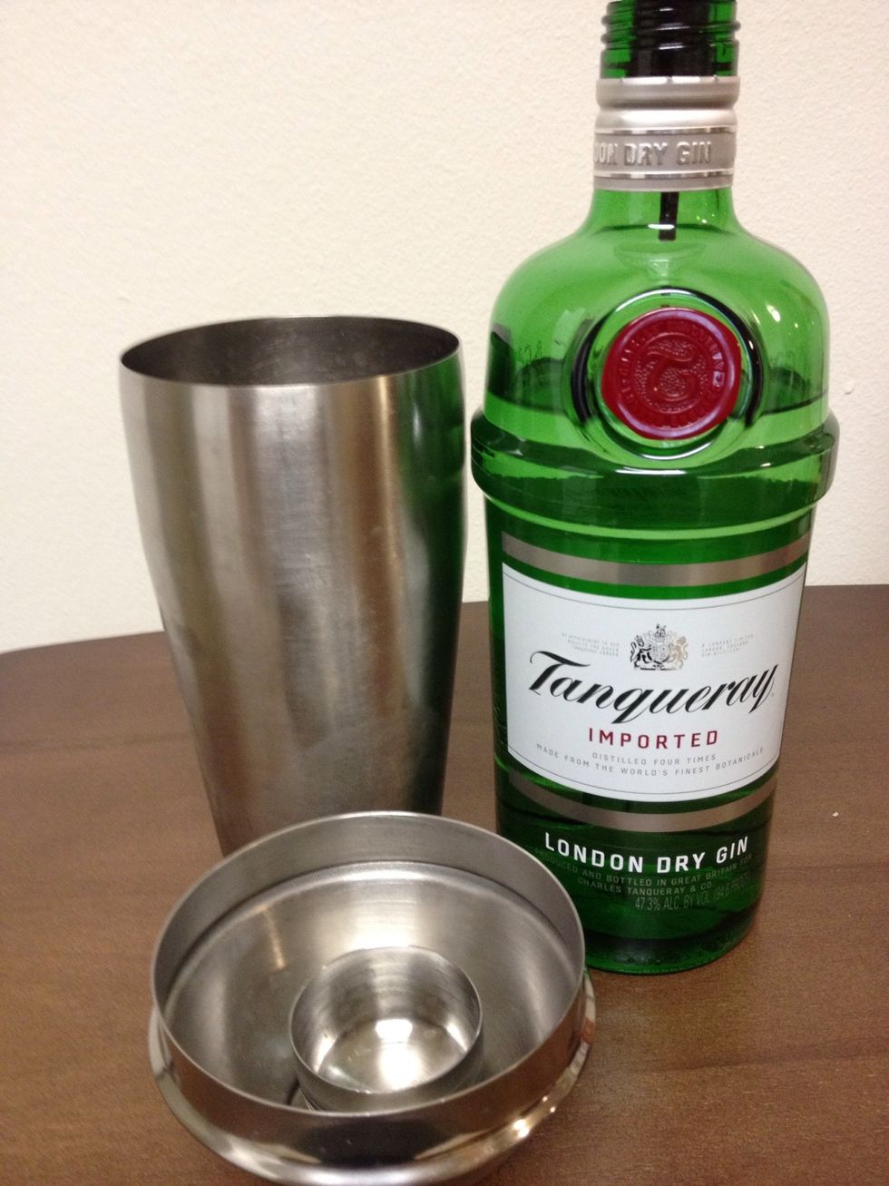 Add 1ounce (a little less than a shot) of your favorite Gin into the Shaker/Strainer with Ice.