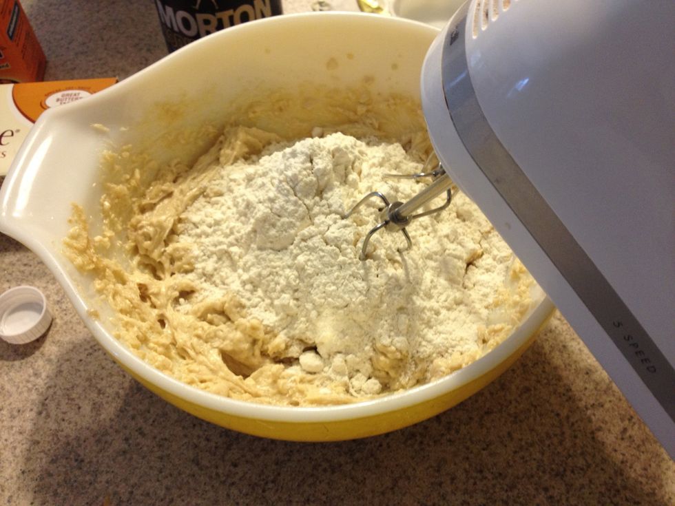 Add 2 1/4 cups flour, 1 tsp baking soda and 1/2 tsp salt.