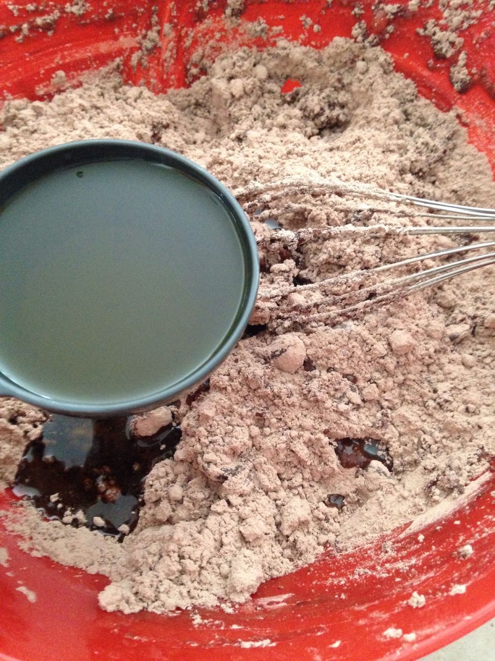 Add 2/3 cups of olive oil in the mixture