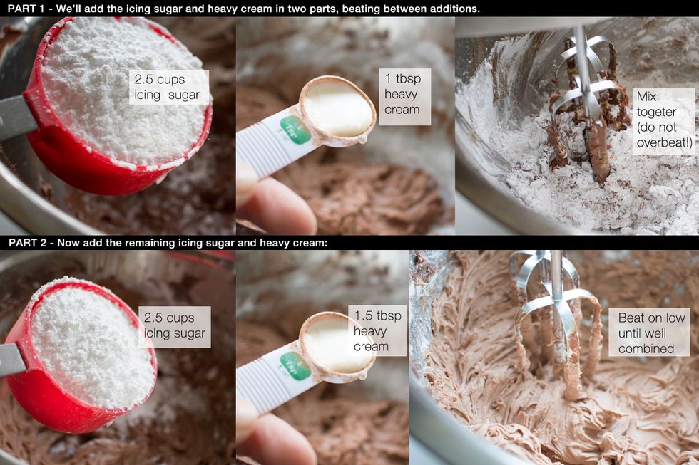 Add 2.5 cups of icing sugar & 1 tbsp of heavy cream, beat on low, then add 2.5 cups of icing sugar & 1.5 tbsp of cream beating on low until well combined. Do not overbeat or else it will be too runny!