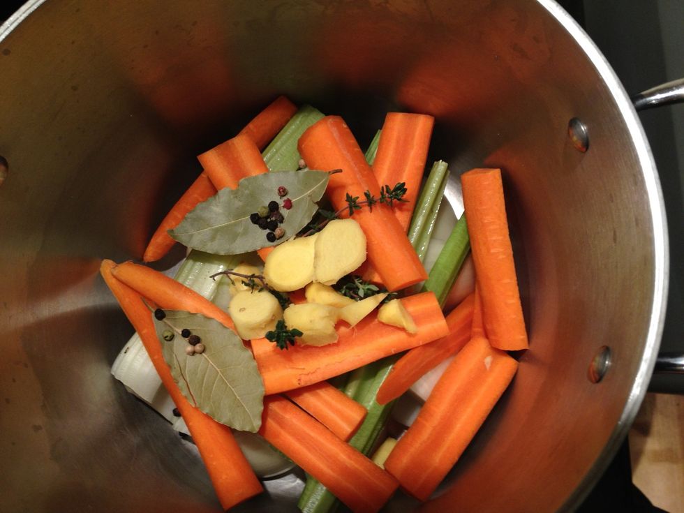 Add 2 bay leaves and 12 peppercorns.