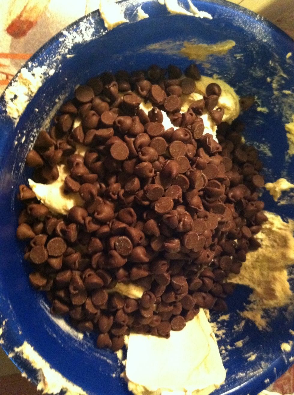 Add 2 cups of chocolate chips (1 or 1 1/2 cups if you like less chocolate)