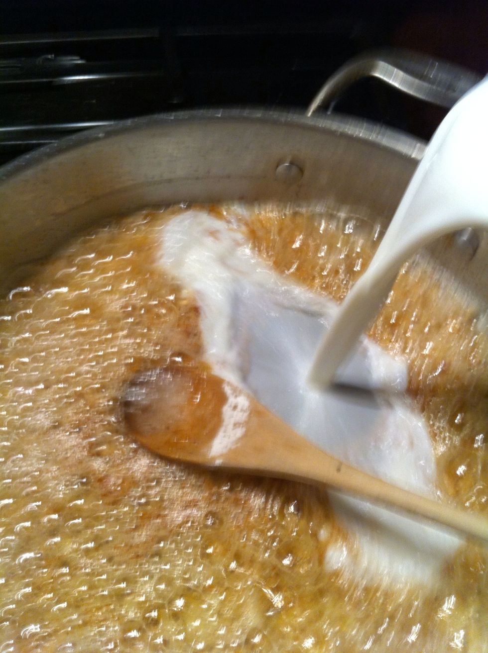 Add 2 cups of milk..or cream. Stir milk in well...stir and stir.