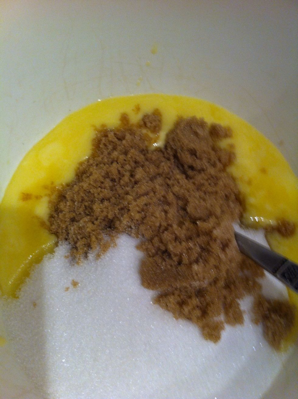 Add 2 cups sugar ( white or brown will do) to the melted butter