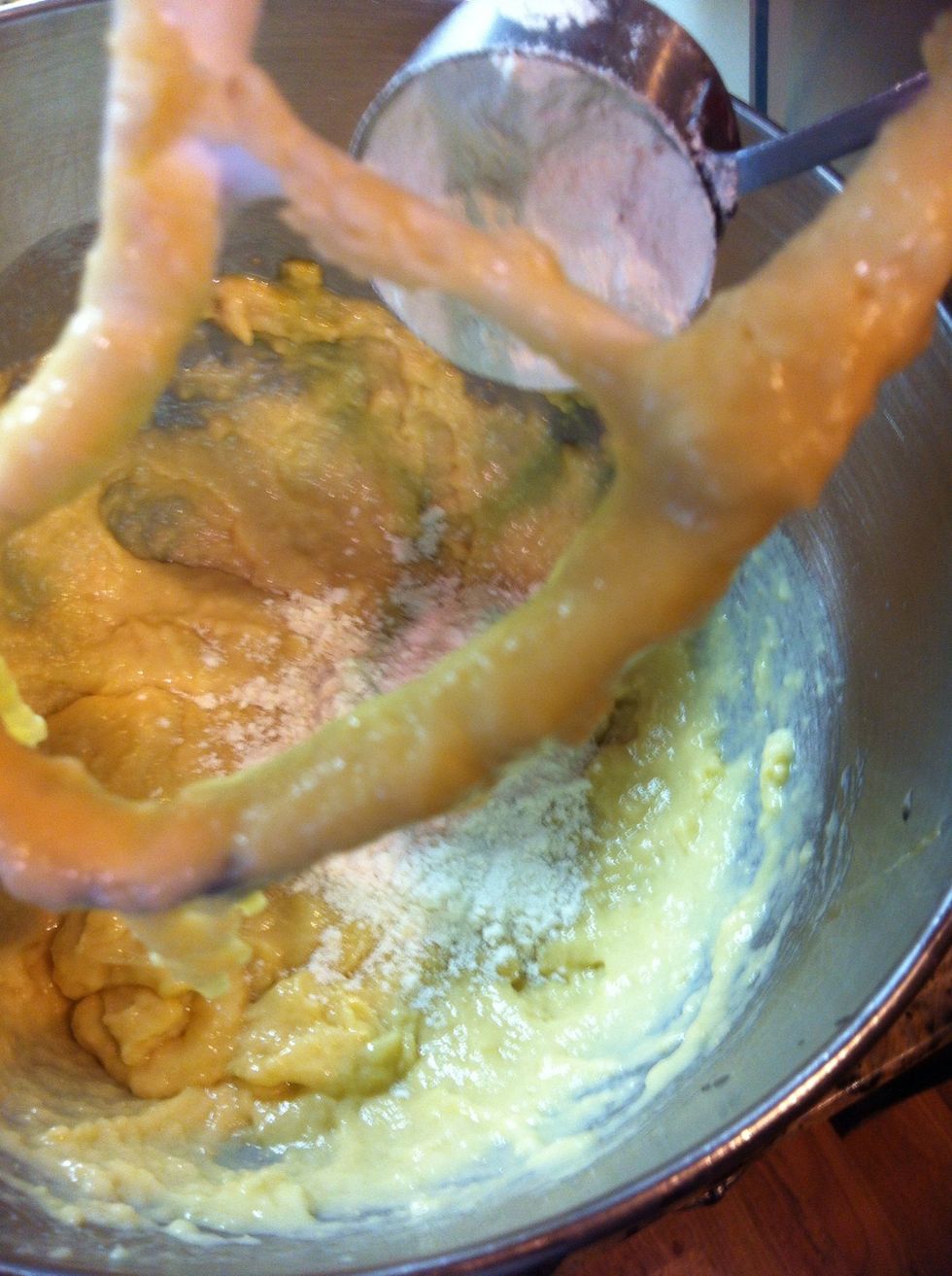 Add 2 eggs and 3/4 c more bread fl.  Let your mixer beat this for a few minutes then transfer to a bowl to rise