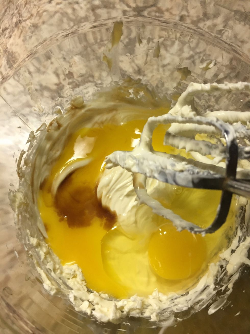 Add 2 eggs, vanilla and 8 tablespoons of butter and beat together