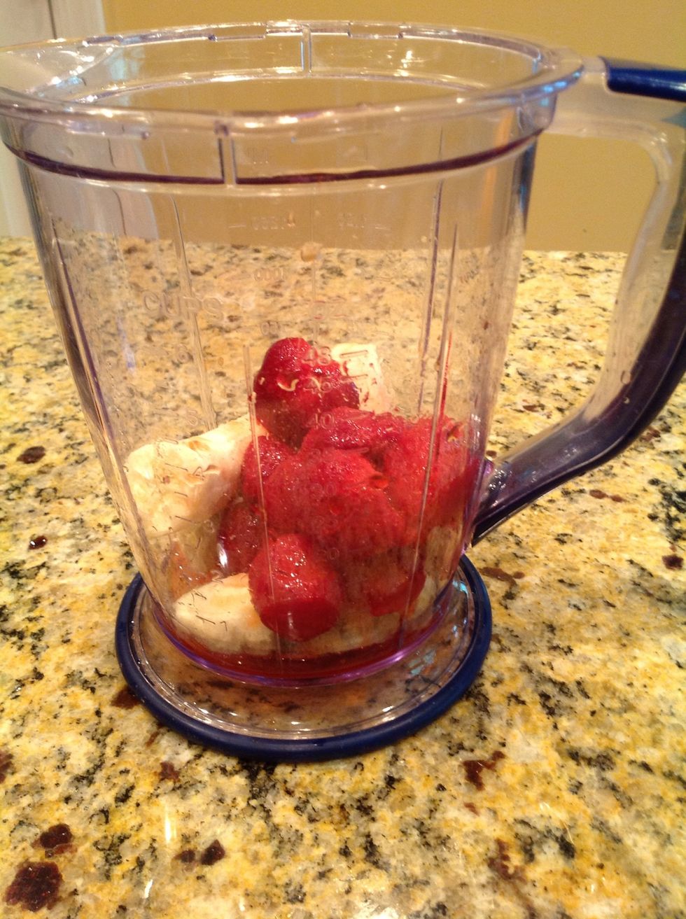 Add 2 medium bananas and 1cup strawberries to your blender. Option: you can substitute other favorite fruits if you like. TIME = 30 seconds