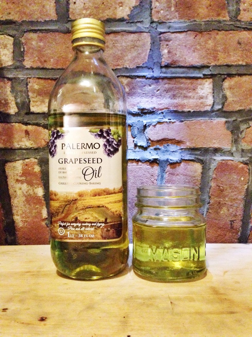 Add 2 parts grapeseed oil. Grapeseed oil is gentle and absorbs nicely into the skin. Safe for sensitive skins (like mine) and is a great base for other oil cleansing recipes.