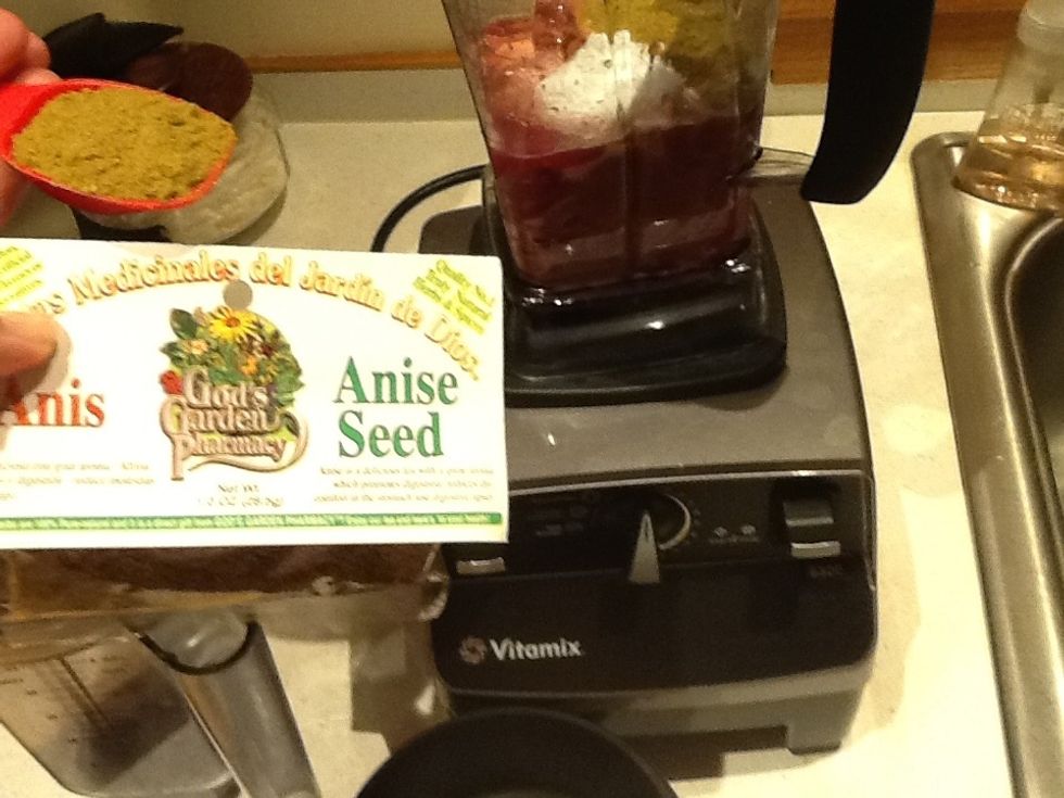Add 2 T anise. I ground the seeds previously in the dry blades of the Vitamix.