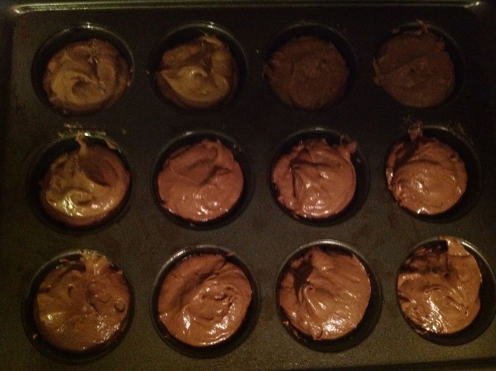 Add 2 tablespoons of batter or fill them about 3/4 of the way full.