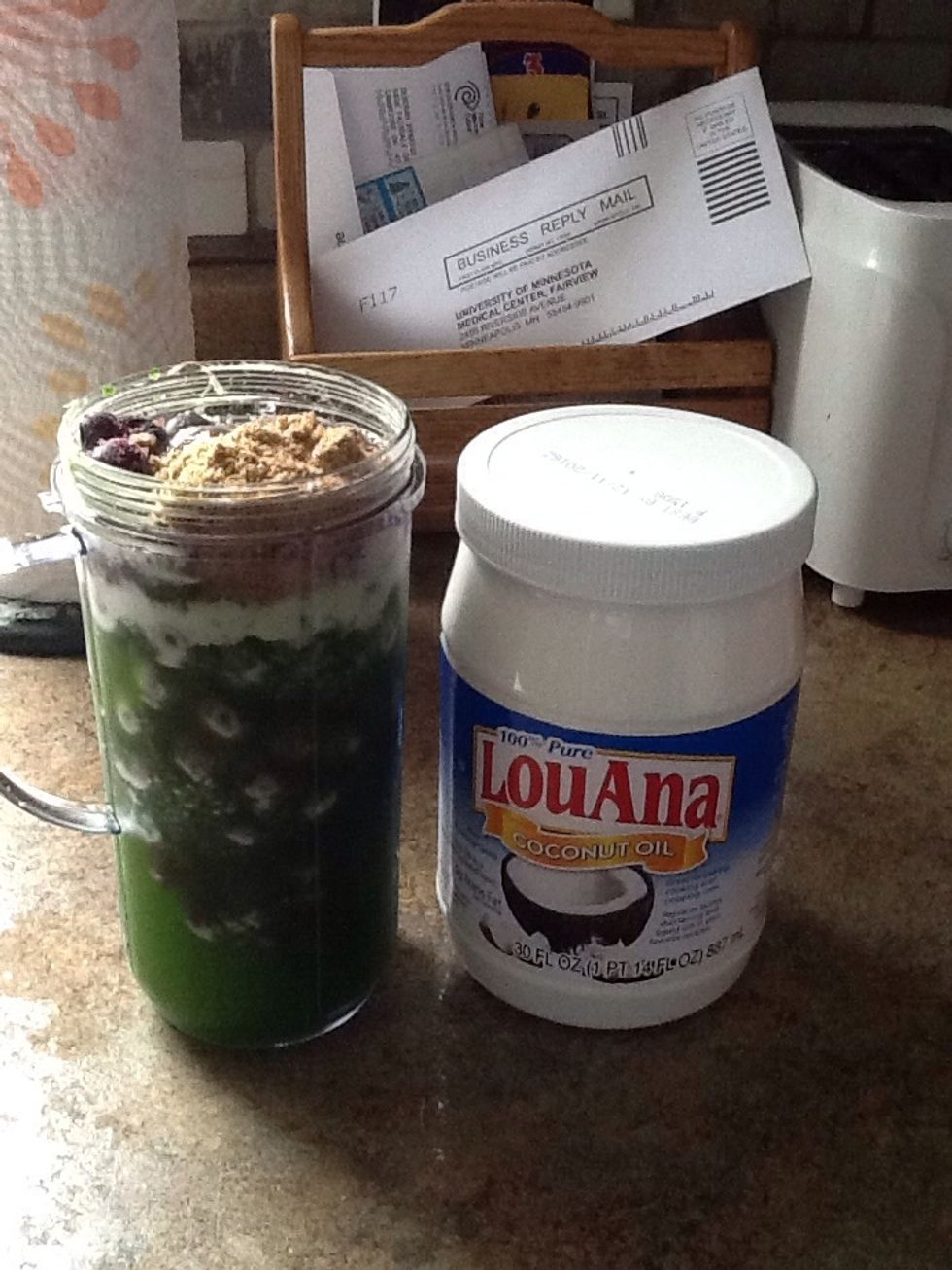 Add 2 tablespoons of coconut oil. I melt my oil first because it can add a nasty texture if you put it in solid. Coconut oil can help you loose weight because it boosts metabolism.