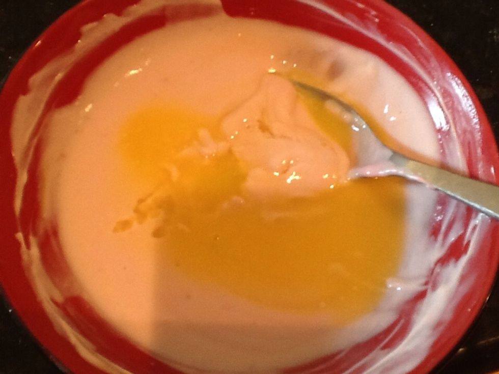 Add 2 Tablespoons of orange juice. Mix well. *Note: the orange juice will seem like it won't mix in, but if you just keep stirring it should all come together. :) *