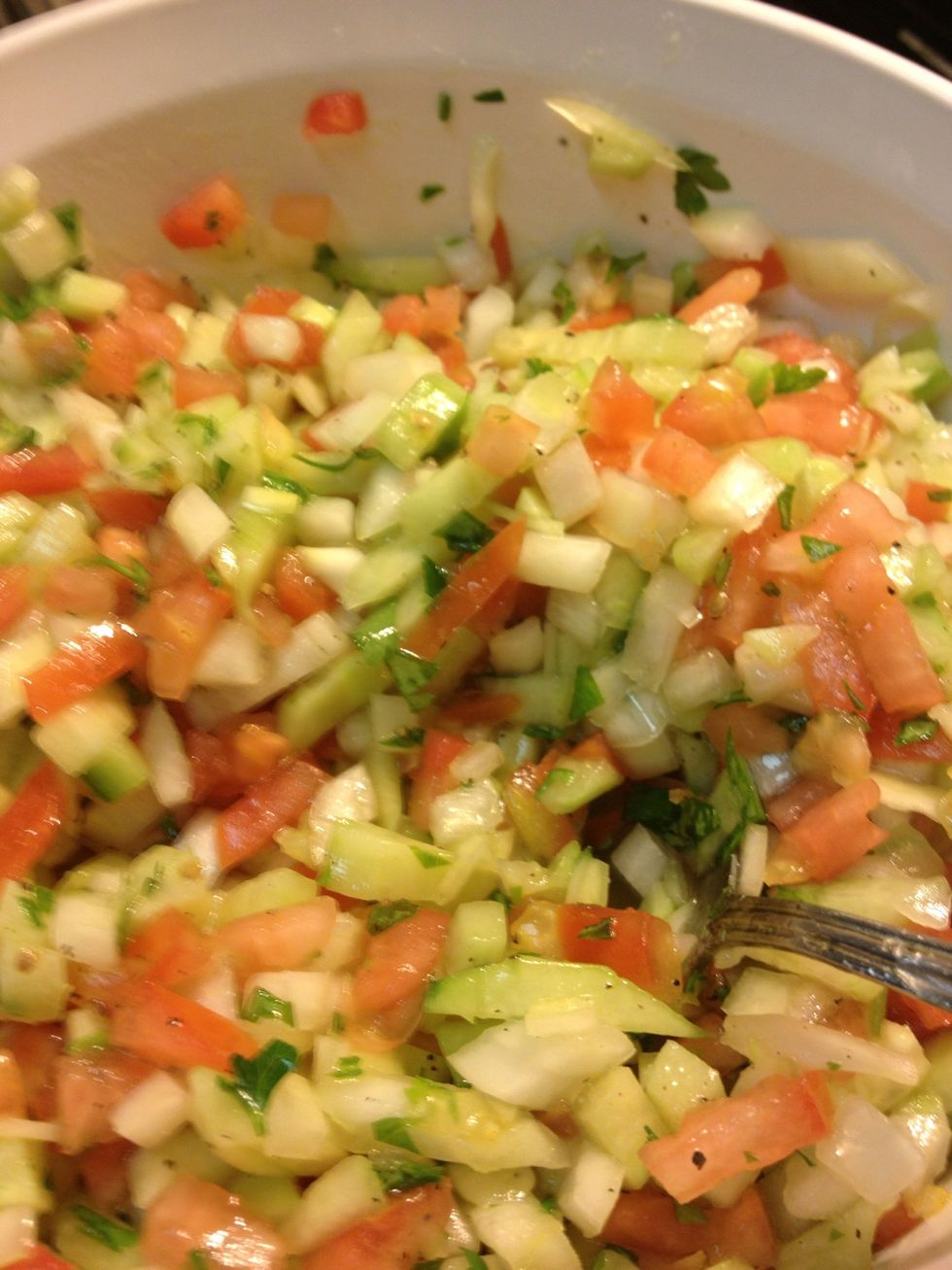 Add 2 tbsp finely chopped parsley and mix thoroughly. Salade Shirazi can be made 2 hours in advance and kept covered in the fridge.