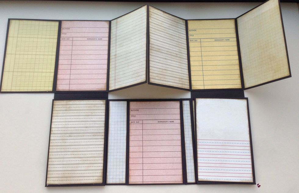 Add 3 3/4" x 5 3/4" patterned paper rectangles to all sections. To fold album, fold in wings of all 4 sections. Fold up bottom sections. Fold down upper sections. Fold in right side, then left.