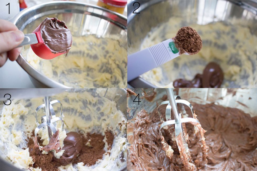 Add 3/4 cup of Nutella and 7.5 tsp of cocoa powder to the butter mixture, beat until well combined, scraping down sides with a spatula as necessary.