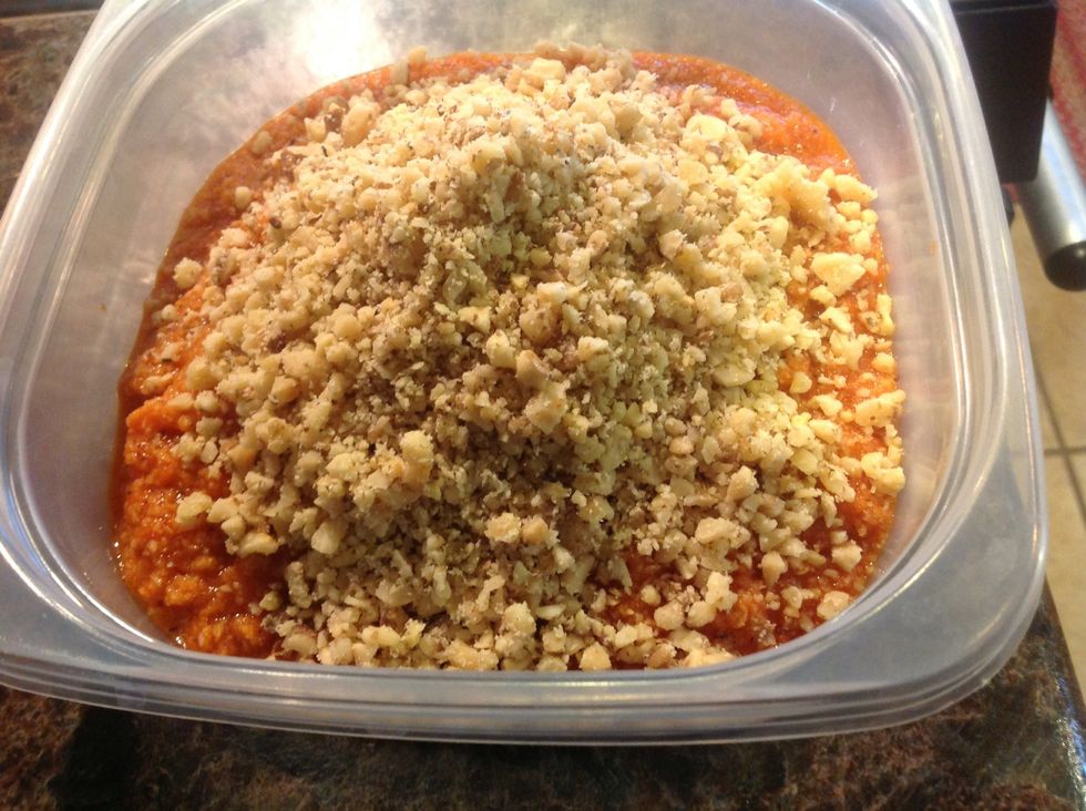 Add 3/4 cup (or less if you prefer it less thick) chopped walnuts to pepper mixture, and mix well.