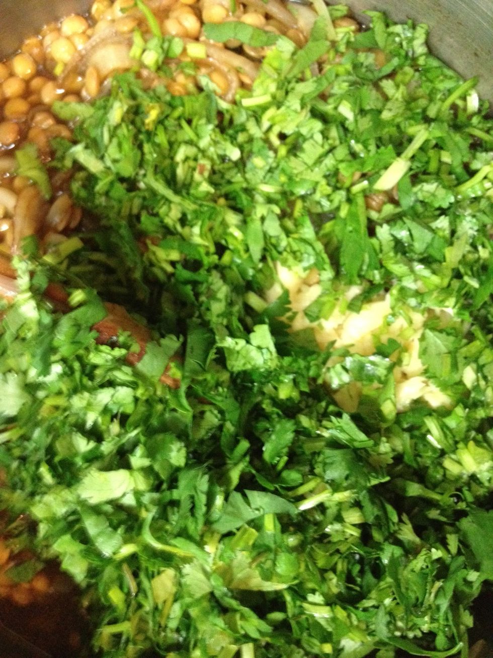 Add 3/4 of the chopped cilantro and the minced garlic
