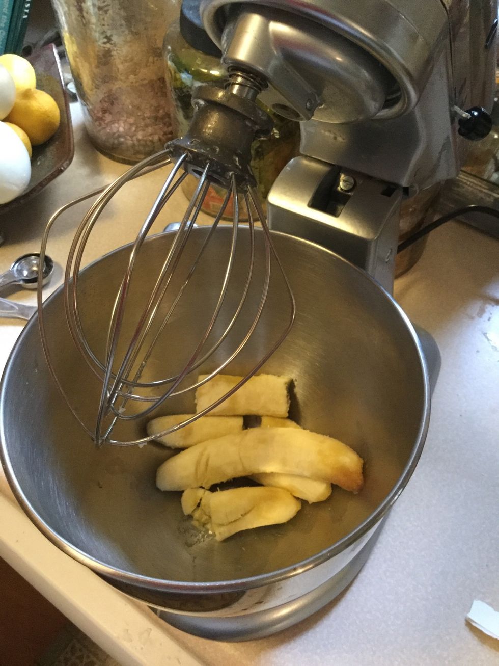 Add 3-4 ripe banannas into mixer, mix