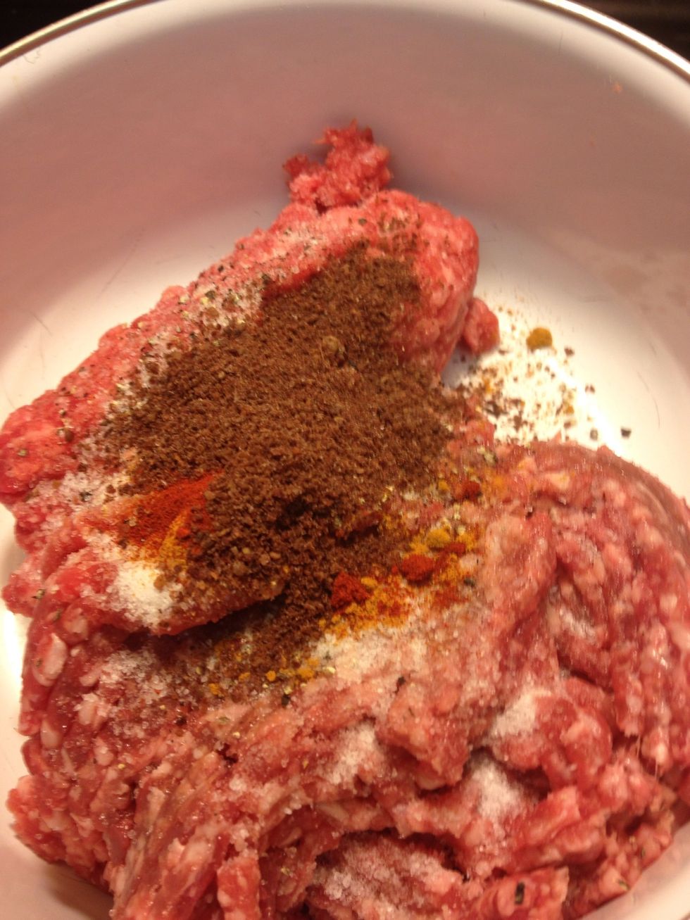 Add 3/4 tbsp salt , 1/2 tsp pepper, 1 tbsp sumac, 1/4 tsp turmeric, 1/4 tsp smoked paprika, 1/4 tsp saffron, and the onion pulp to the meats.