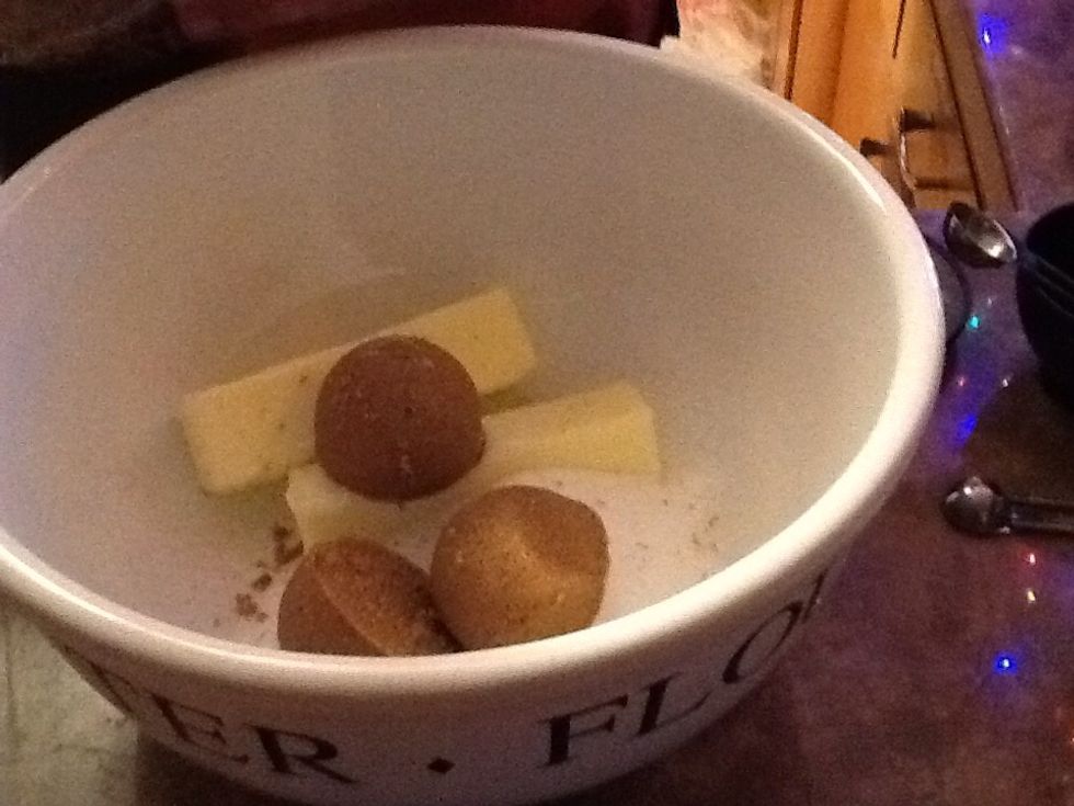 Add 3/4 white sugar and 3/4 brown sugar & 1 cup of butter=2 sticks