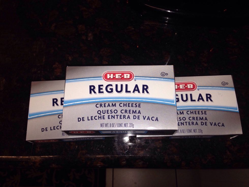 Add 3 bars cream cheese at room temperature to mixing bowl and on med/low speed blend until well whipped.