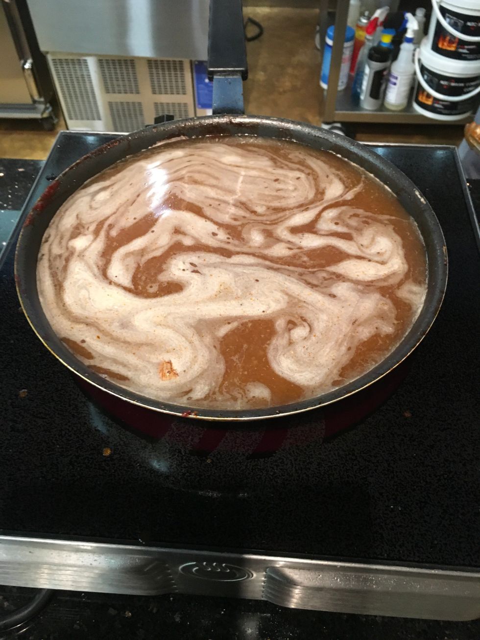 Add 3 cups Beef Stock & 6 cups Chicken stock and simmer.